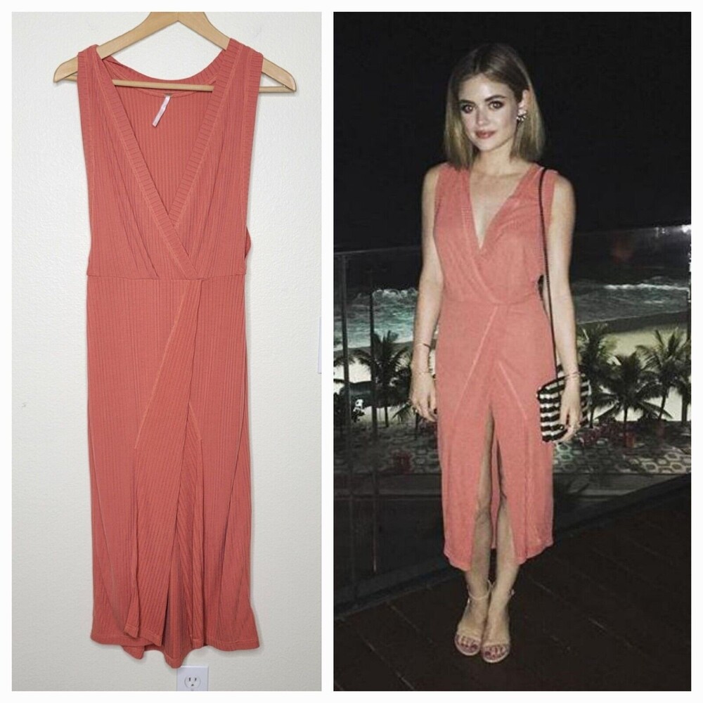 Free People Rising Sun Midi Ribbed Dress Small  Teracotta Modal wrap High Slit